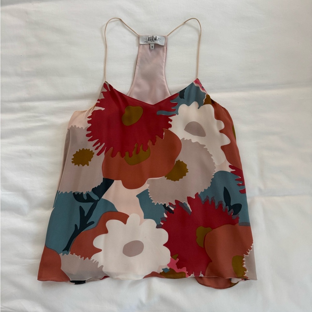 Tibi Silk Floral Spaghetti Strap Tank Top